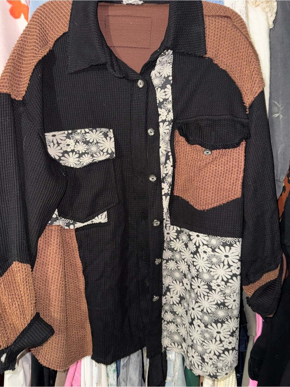 POL Black & Brown Patchwork Floral Button-Up Shirt